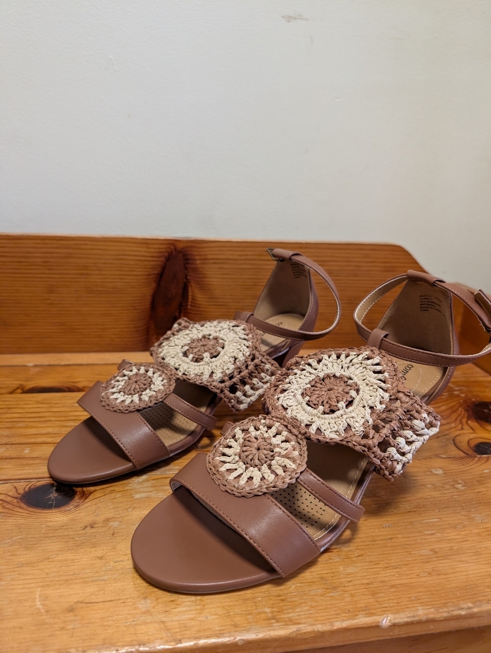 Comfortview Crochet Heeled Sandals Brown Wide Width 11WW